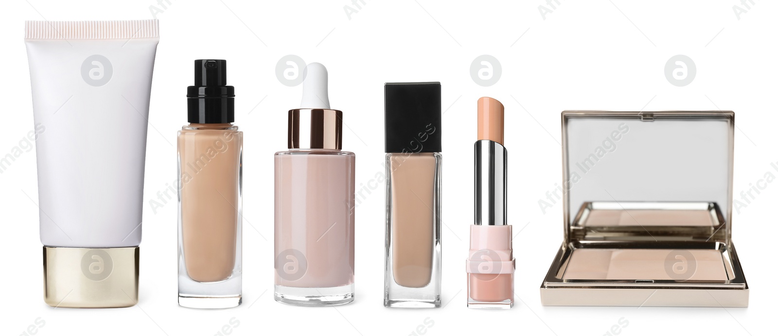 Image of Set with different decorative cosmetic products on white background. Banner design