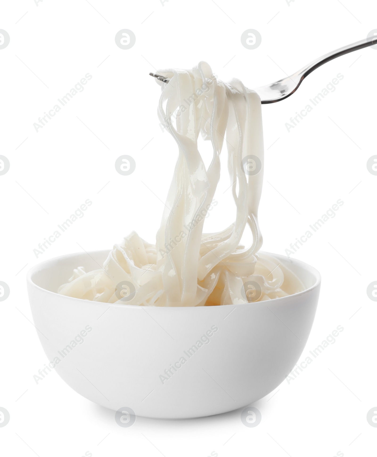 Photo of Taking rice noodles with fork from bowl on white background