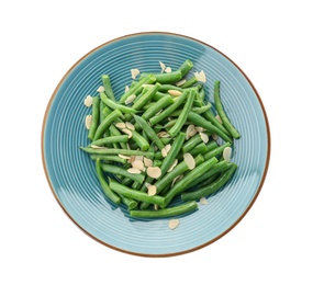 Plate with tasty green beans and almonds on white background