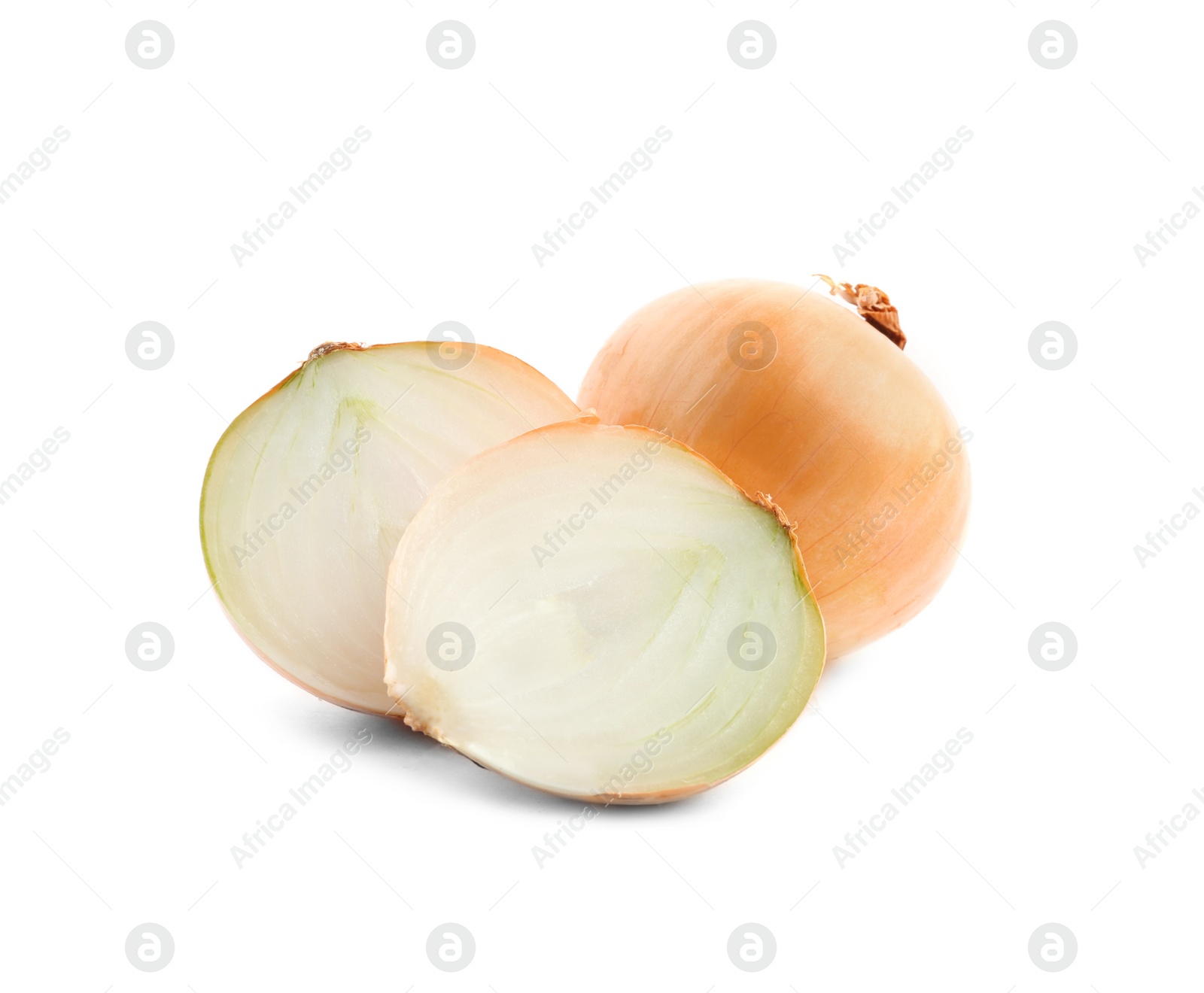 Photo of Fresh onions on white background. Ripe vegetable