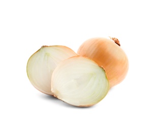 Fresh onions on white background. Ripe vegetable