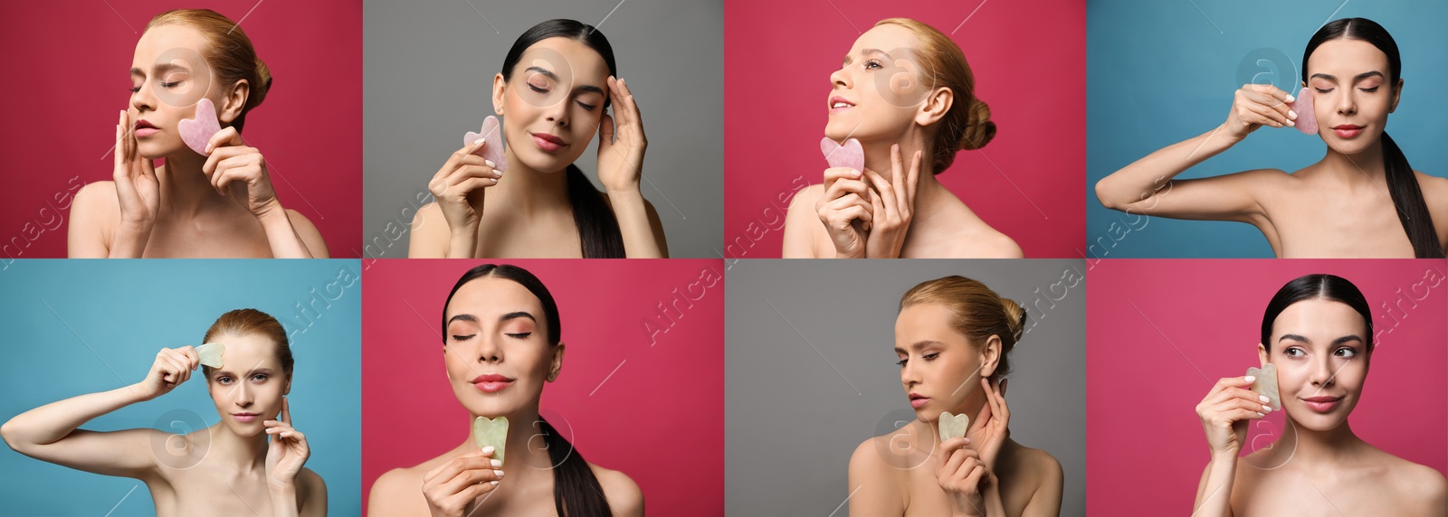 Image of Collage with portraits of beautiful women with gua sha facial tools on color backgrounds