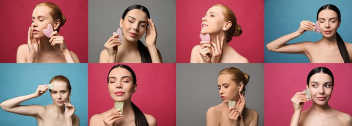 Collage with portraits of beautiful women with gua sha facial tools on color backgrounds