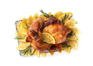 Photo of Chicken with orange slices isolated on white, top view