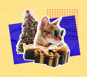 Image of Creative collage. Cat in sunglasses and gift boxes near Christmas tree against color background