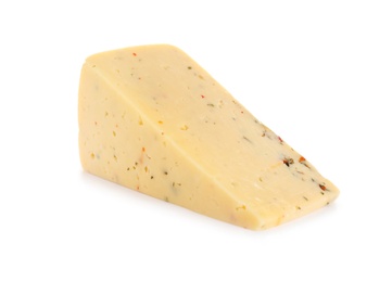 Piece of delicious cheese on white background