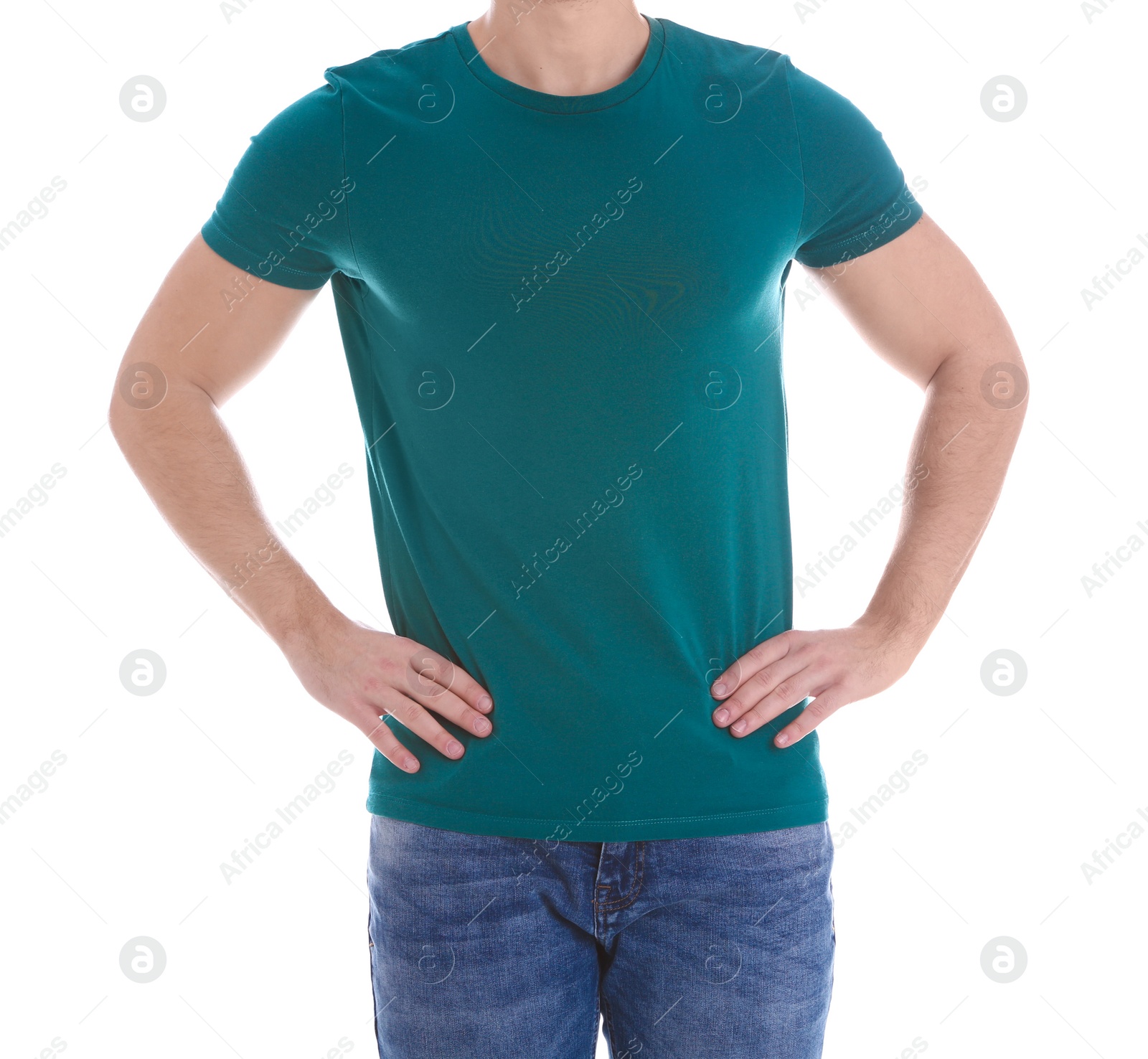 Photo of Young man on white background, closeup. Weight loss