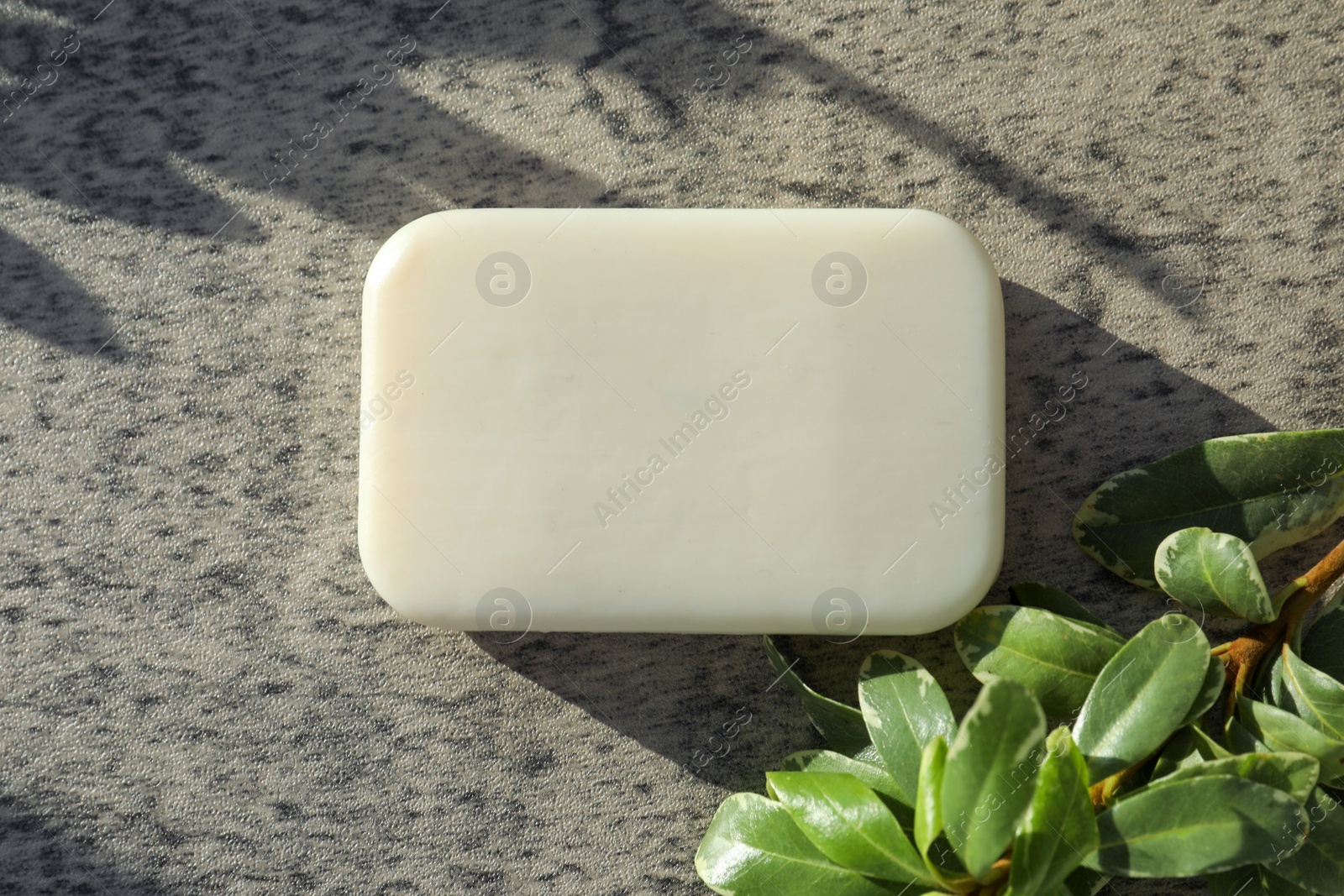 Photo of Soap bar and green plant on light grey textured table, flat lay