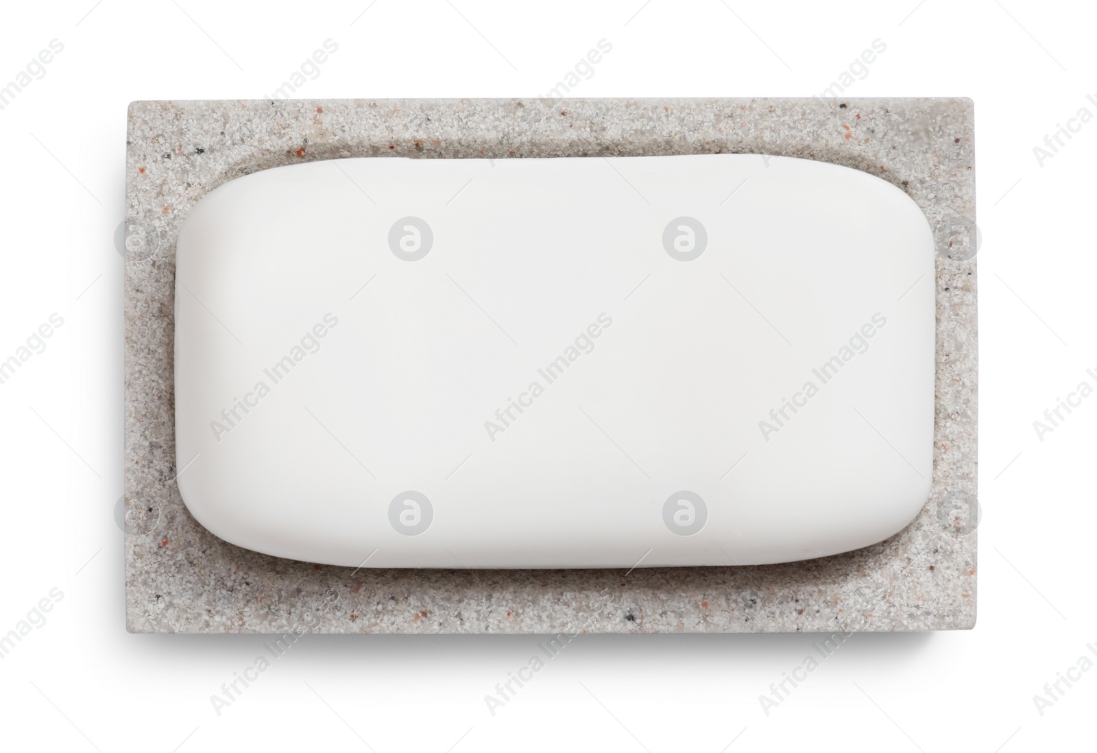 Photo of Holder with soap bar on white background, top view