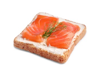 Photo of Delicious toast with cream cheese, salmon and microgreens isolated on white