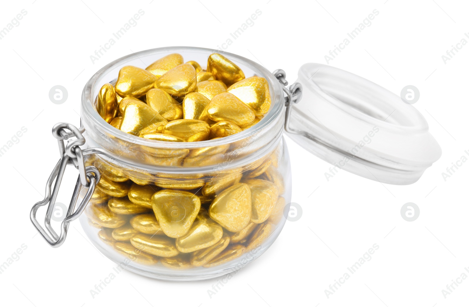 Photo of Jar with delicious heart shaped candies on white background