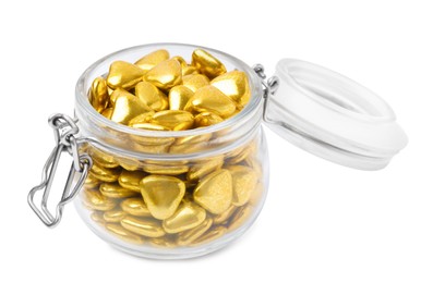 Jar with delicious heart shaped candies on white background