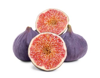 Photo of Whole and cut fresh ripe figs isolated on white