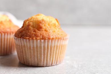 Photo of Tasty muffins on light grey table, closeup. Space for text