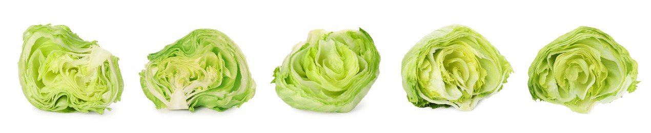 Image of Collage with fresh cut lettuce heads on white background