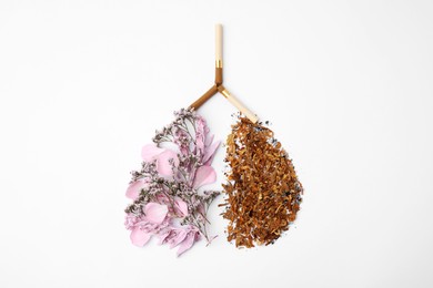 Photo of No smoking concept. Lungs made of dry tobacco, cigarettes and flowers on white background, flat lay
