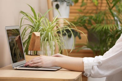 Woman working on laptop at wooden desk indoors, closeup