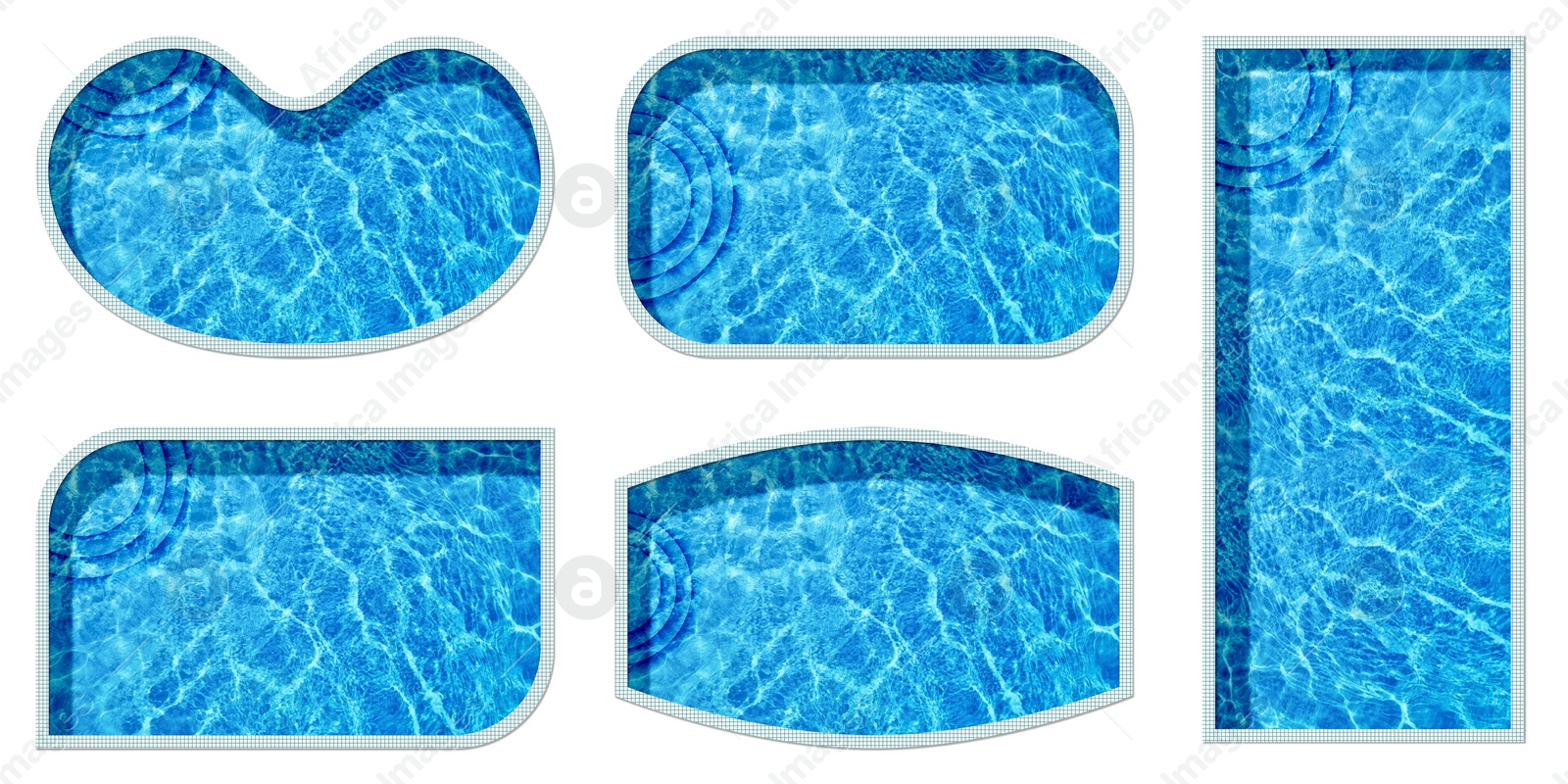 Image of Set with swimming pools of different shapes on white background, top view. Banner design