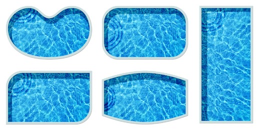 Set with swimming pools of different shapes on white background, top view. Banner design