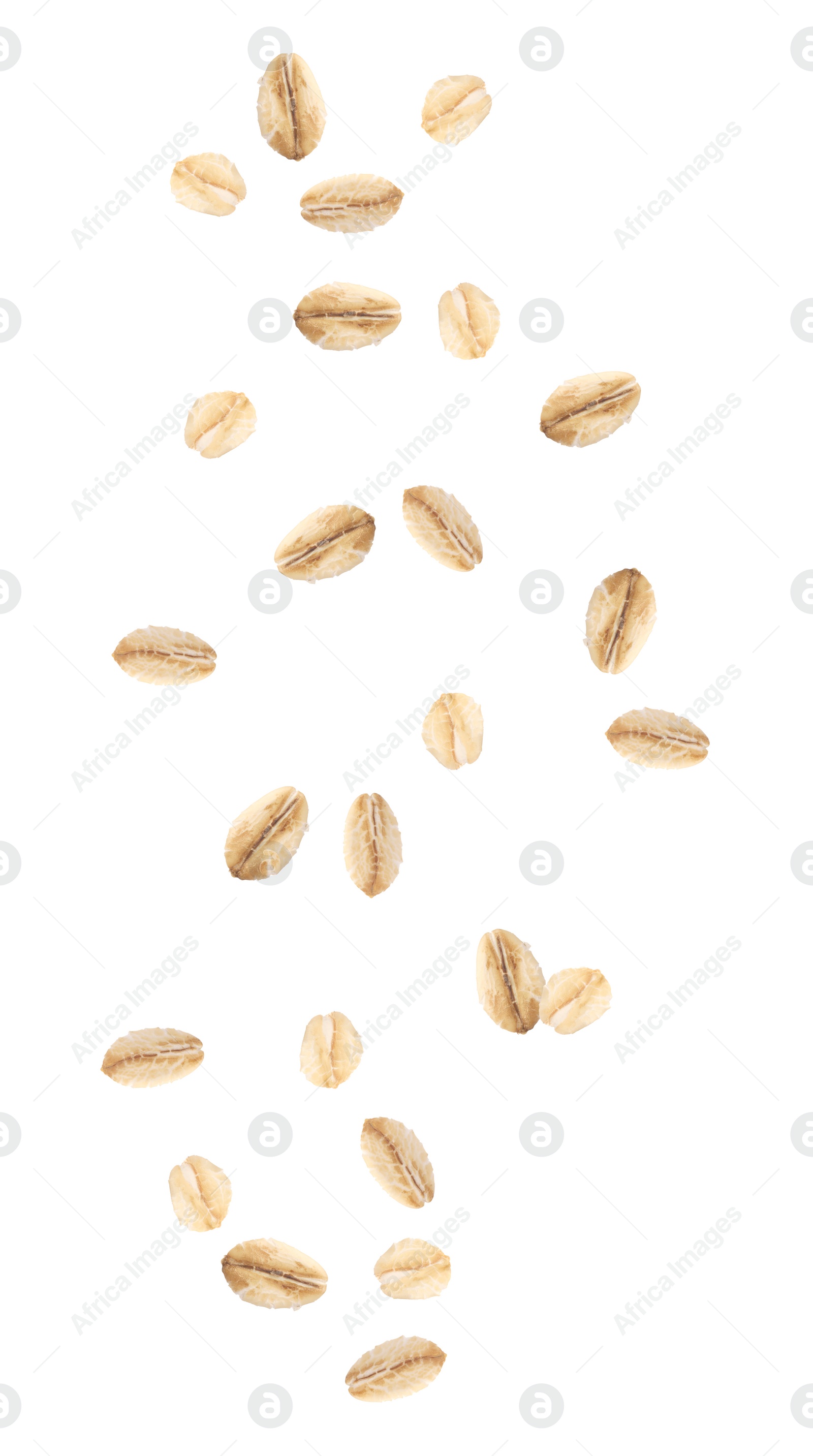 Image of Dry uncooked oatmeal falling on white background