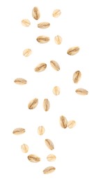 Image of Dry uncooked oatmeal falling on white background