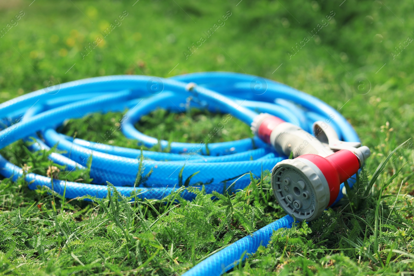 Photo of Watering hose with sprinkler on green grass outdoors, closeup