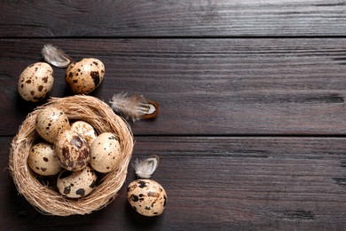 Photo of Quail eggs and feathers near nest on wooden table, flat lay. Space for text