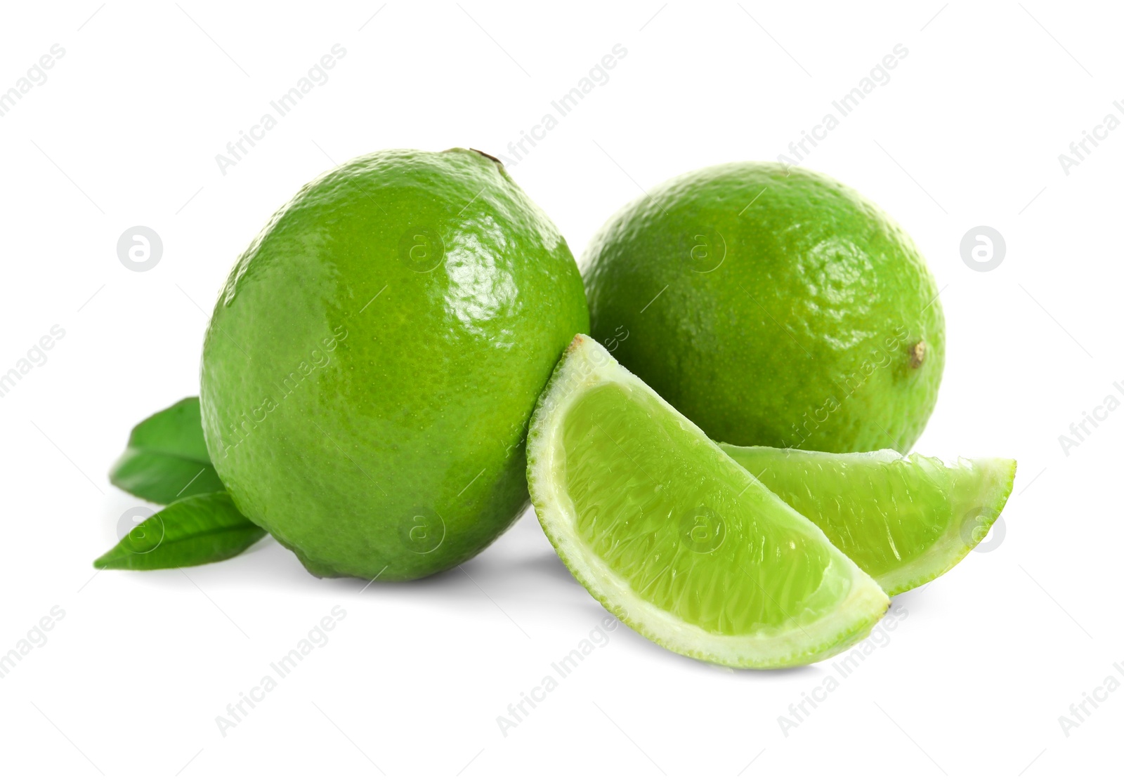 Photo of Fresh ripe green limes on white background