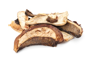 Slices of dried mushrooms on white background