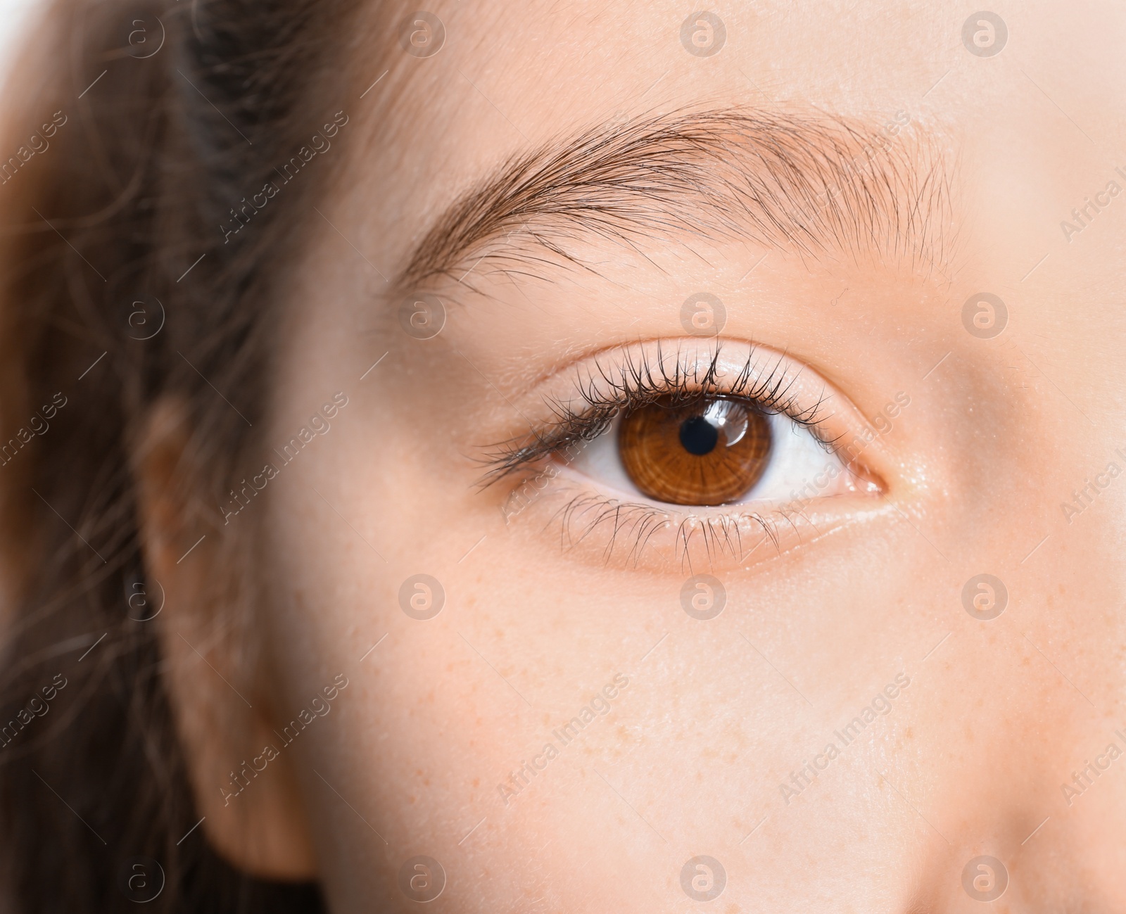 Photo of Cute little girl, closeup. Focus on eye