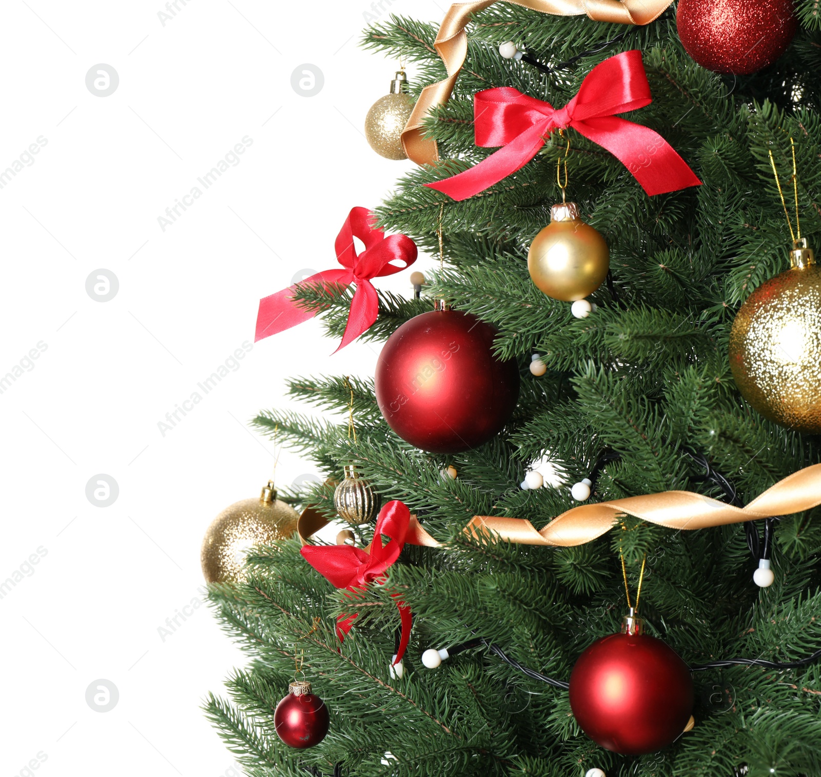 Photo of Beautiful Christmas tree with festive decor on white background