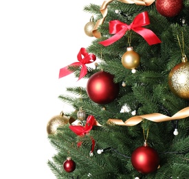 Beautiful Christmas tree with festive decor on white background