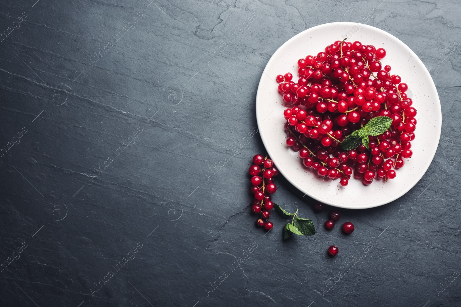 Photo of Delicious red currants and mint on black slate table, flat lay. Space for text