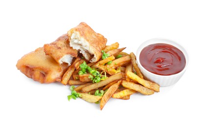 Photo of Tasty fish, chips, sauce and peas isolated on white