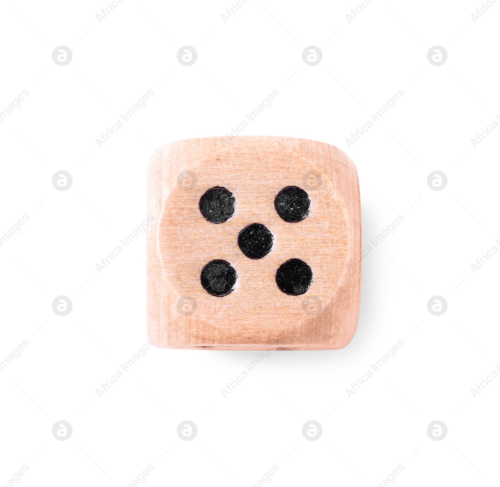 Photo of One wooden game dice isolated on white, top view