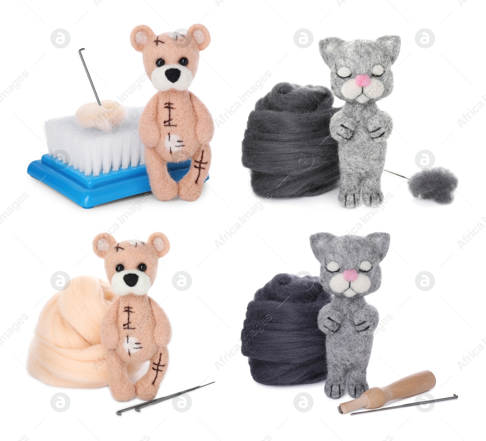 Image of Felted toys, wool and different tools isolated on white, set