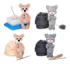 Image of Felted toys, wool and different tools isolated on white, set