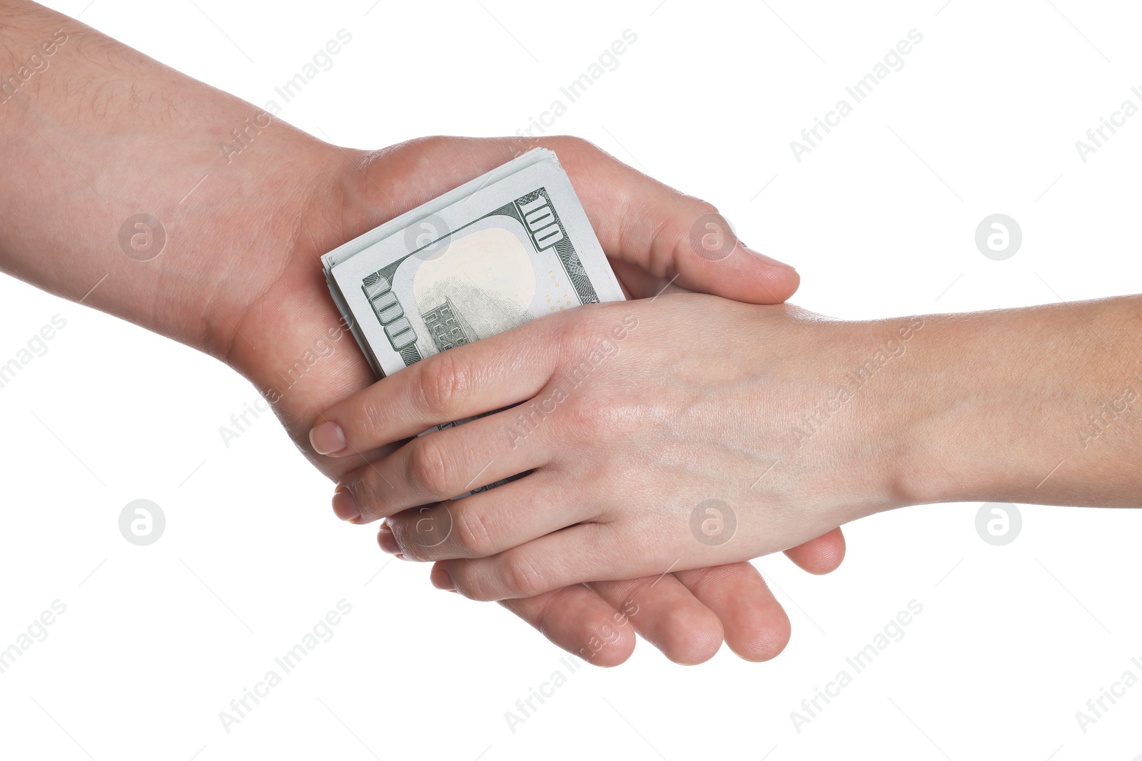 Photo of Money exchange. Man giving dollar banknotes to woman on white background, closeup