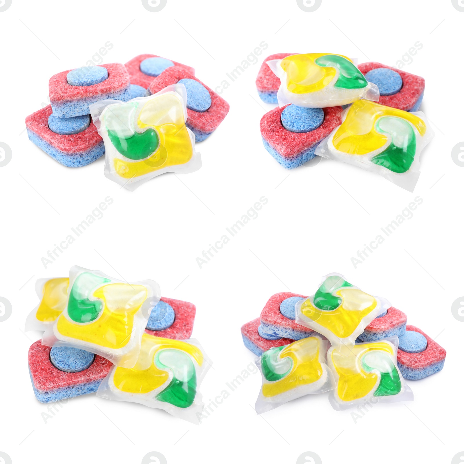 Image of Set with dishwasher detergent tablets and gel capsules on white background 