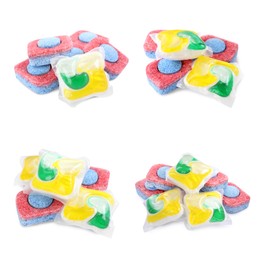 Image of Set with dishwasher detergent tablets and gel capsules on white background 