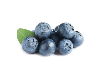 Photo of Fresh raw tasty blueberries with leaf isolated on white