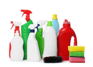 Photo of Different cleaning products and tools on white background