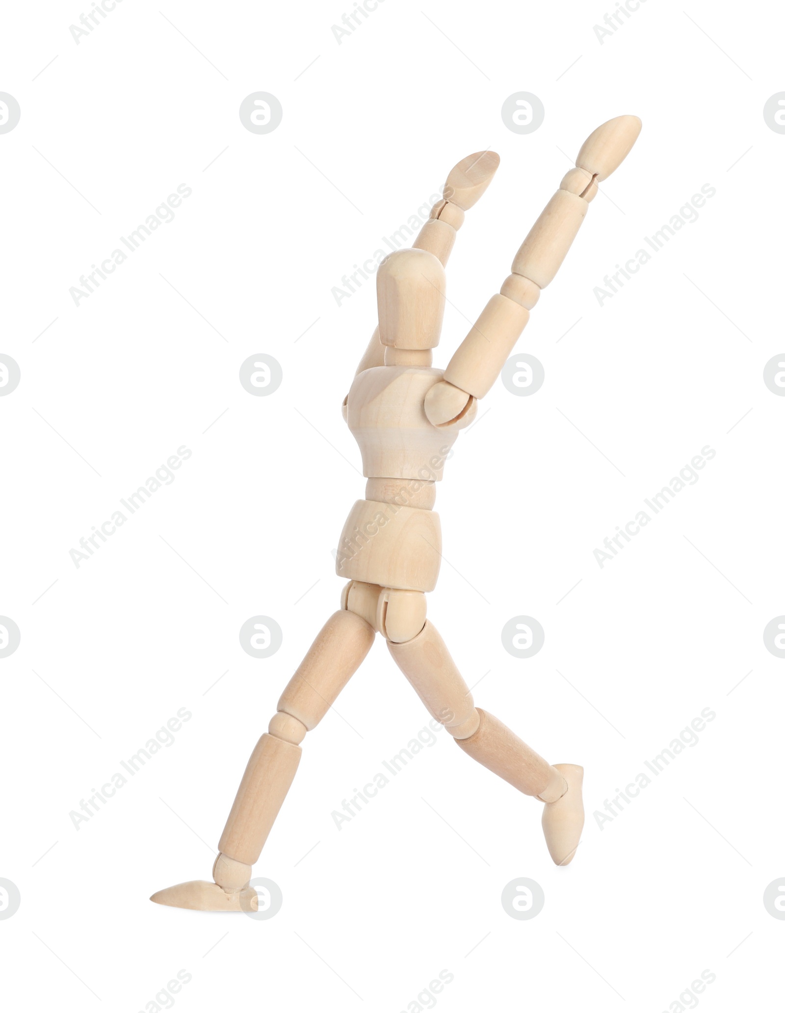 Photo of Wooden human model on white background. Mini mannequin