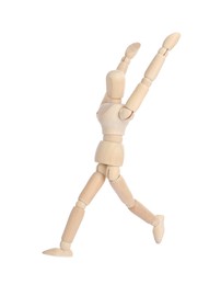 Photo of Wooden human model on white background. Mini mannequin