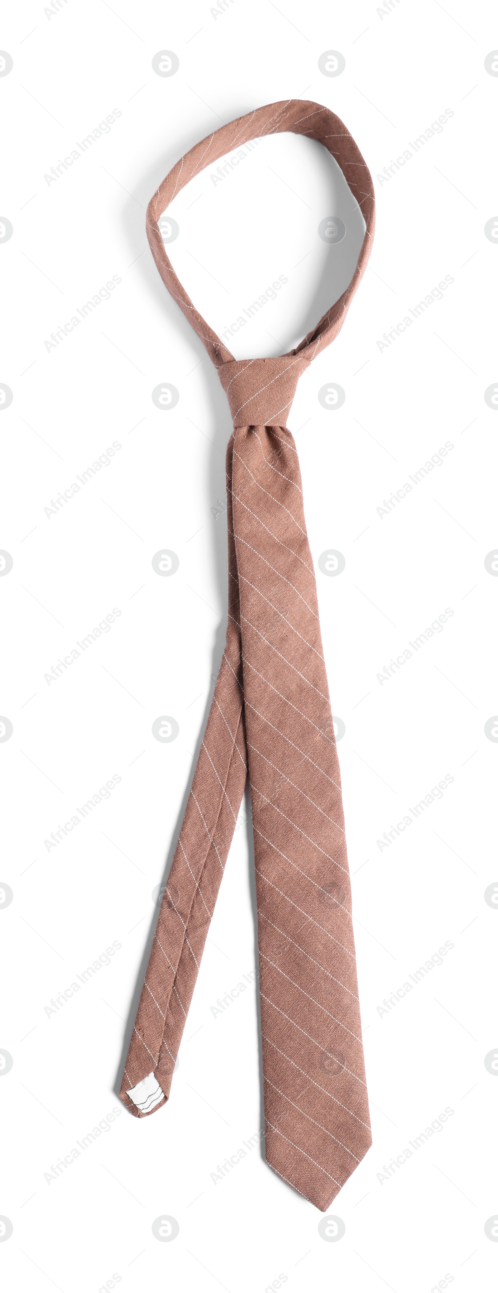 Photo of One striped necktie isolated on white, top view