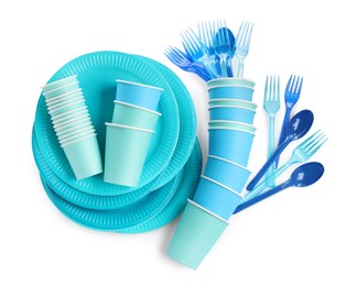 Photo of Set of disposable tableware on white background, top view