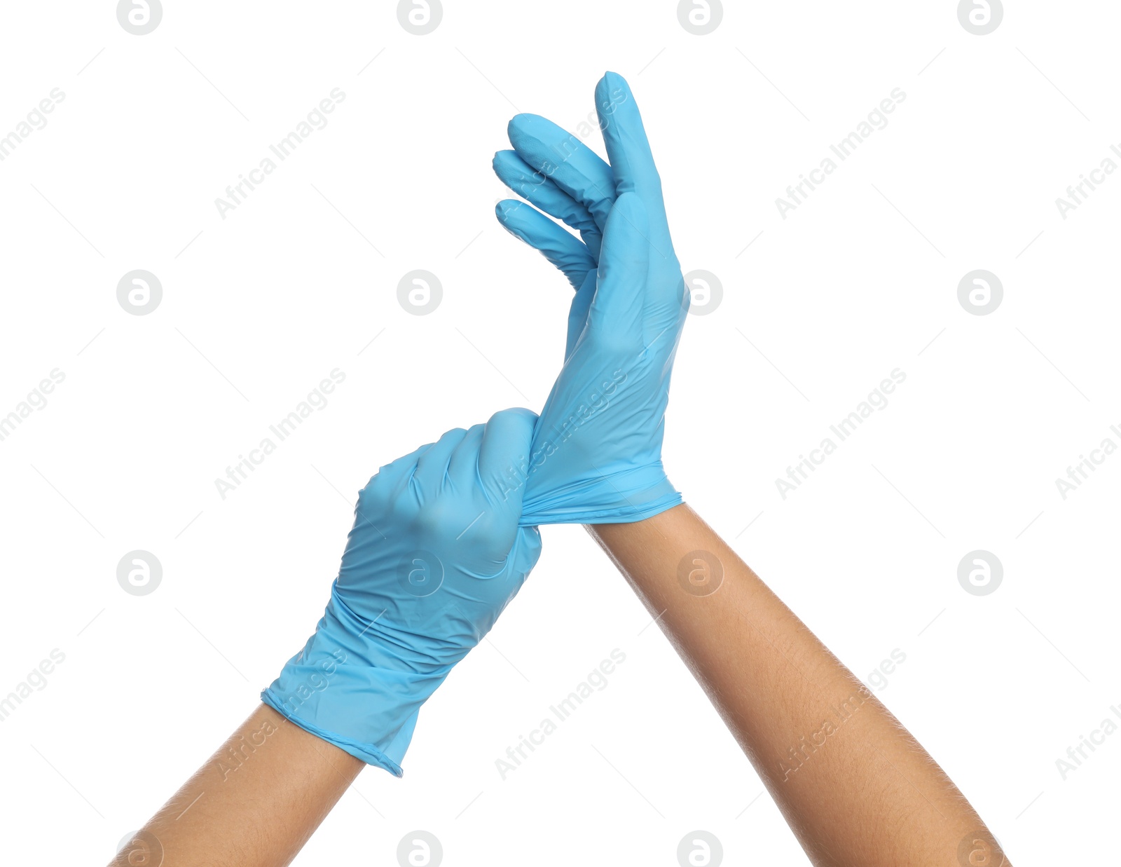 Photo of Doctor wearing medical gloves on white background, closeup