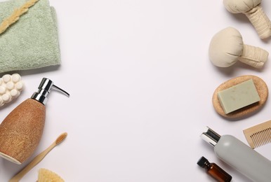 Bath accessories. Different personal care products and dry spikelet on white background, flat lay with space for text