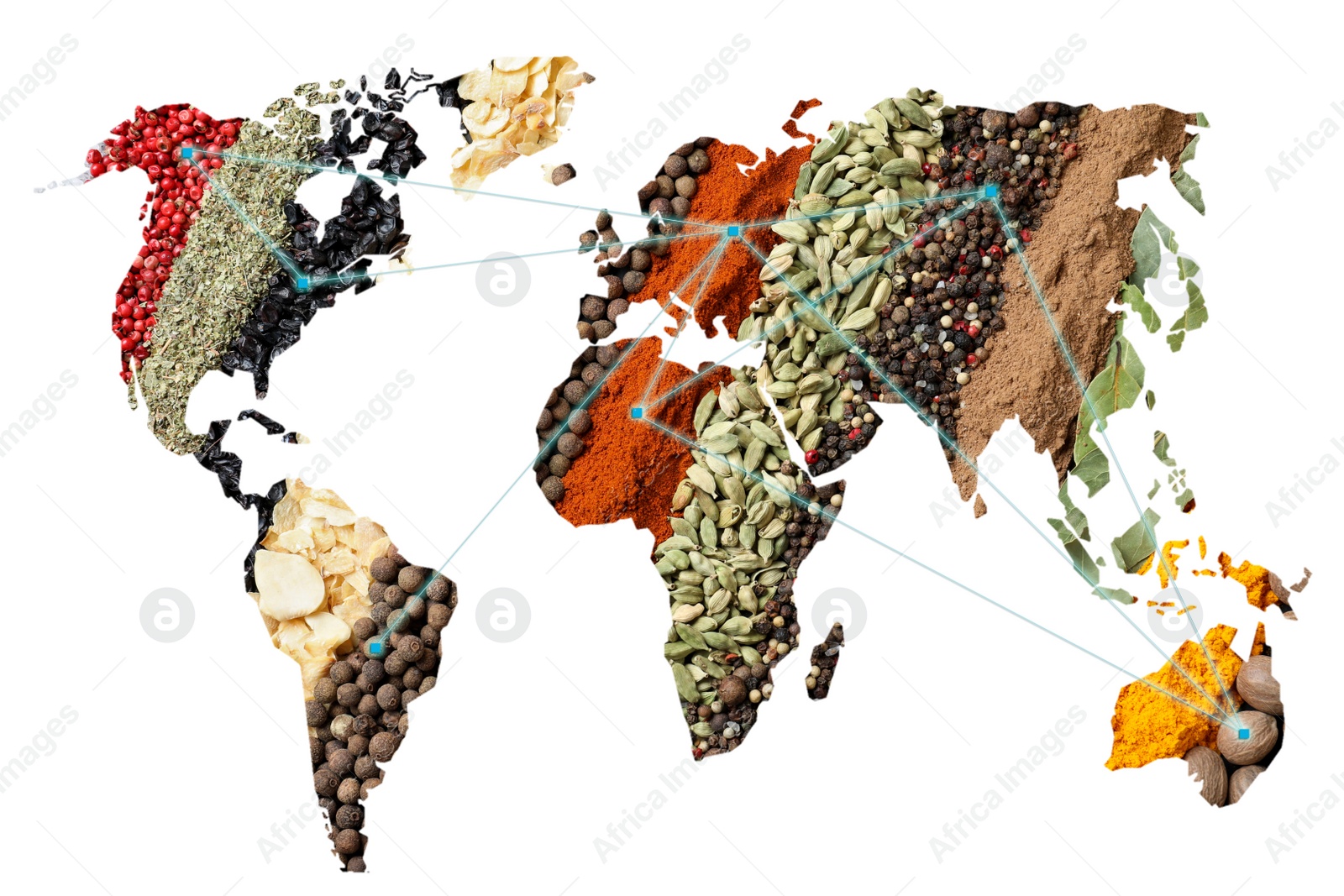 Image of Double exposure of world map and different spices on white background. Logistic and wholesale concept