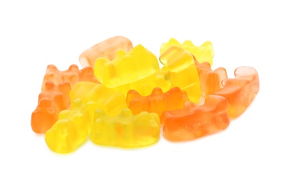 Pile of delicious jelly bears on white background